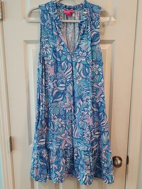 Blue Tropical Print Sleeveless Sundress